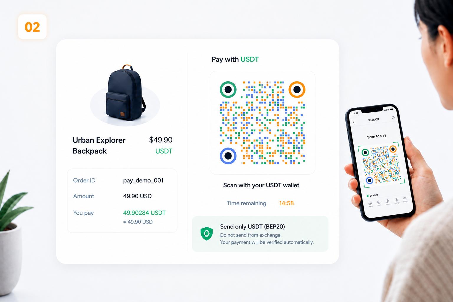 Customer scanning a QR code to pay USDT