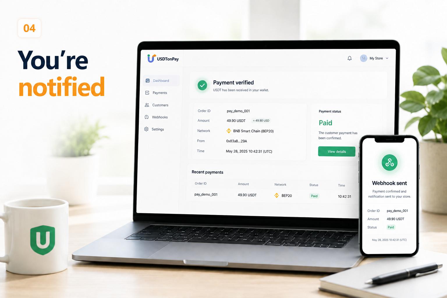 Merchant dashboard showing a verified payment notification