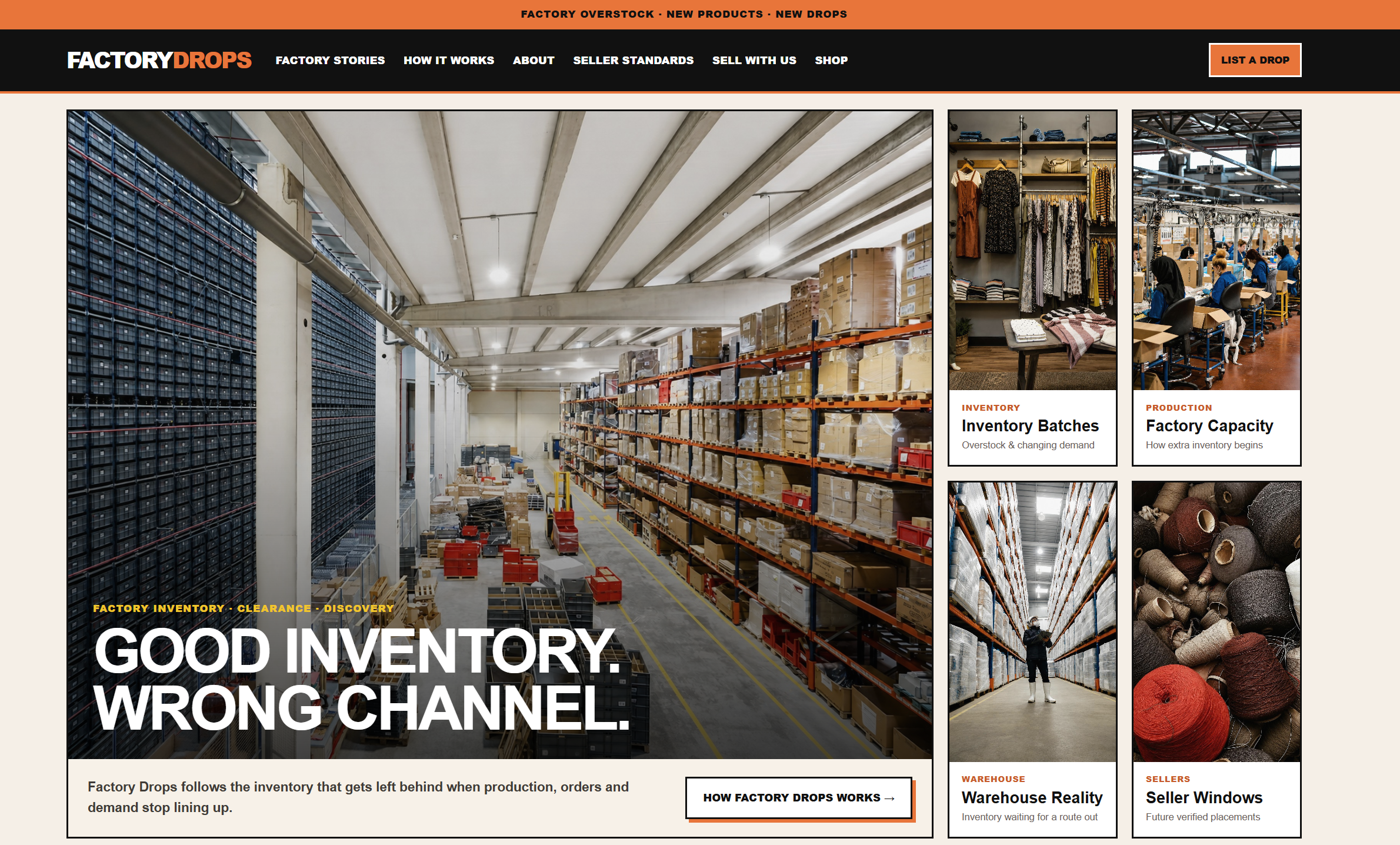 FactoryDrops homepage showing warehouse inventory and product stories