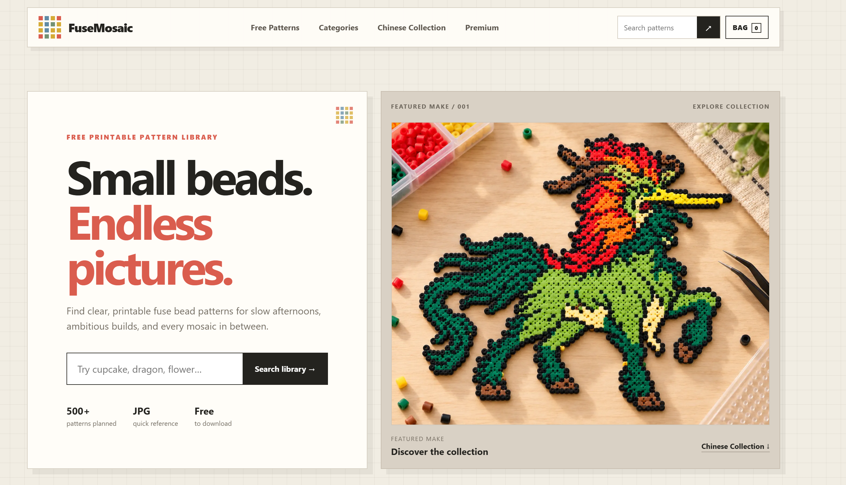 FuseMosaic homepage showing its printable fuse bead pattern library